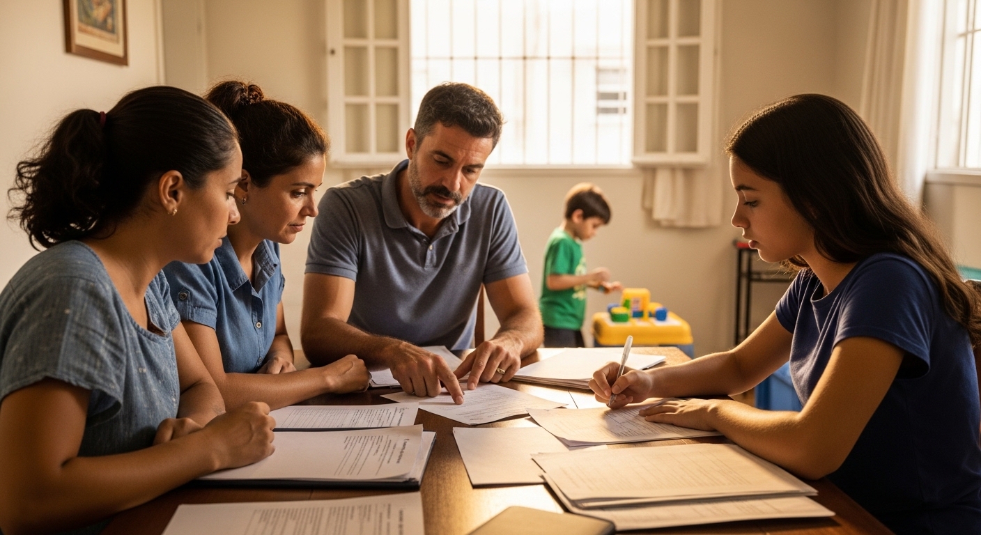 Família analisando documentos de benefícios sociais