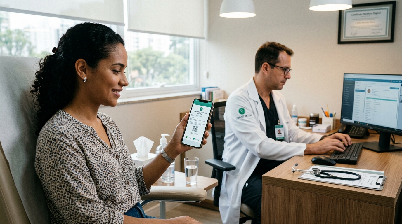 Paciente recebendo atestado médico digital em celular