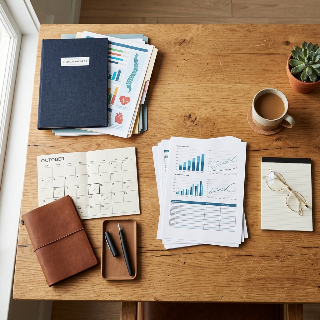 Mesa de trabalho com laudos médicos, pastas organizadas, óculos e calendário, representando a organização do pedido de benefício do INSS