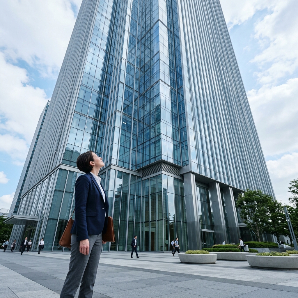 Trabalhador de costas olhando para um edifício corporativo moderno, simbolizando o limbo jurídico-previdenciário entre a empresa e o INSS