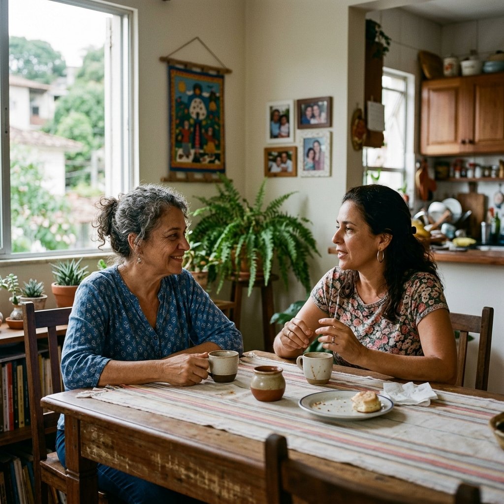 Duas mulheres conversando em ambiente doméstico seguro representando proteção da lei nas relações afetivas