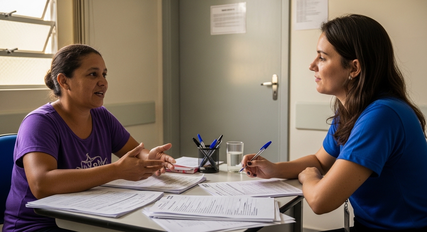 Paciente recebendo orientação do serviço social hospitalar sobre benefícios do INSS